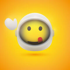 Greetings from Space - Smiling Happy Waving Mouth Licking Spaceman Emoji in Space Suit with Helmet On - Modern Style Emoticon Vector Design for Web or Instant Messaging Apps On Yellow Background