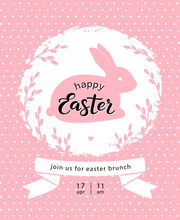 Happy  Easter Lettering. Cute Easter Bunny Silhouette With Willow Twigs Background. Vector Illustration For Easter Brunch Invitation