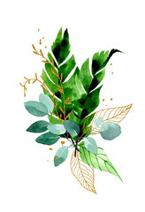 watercolor illustration. bouquet, composition of tropical leaves. gold and green leaves of palm, monstera. rainforest leaves