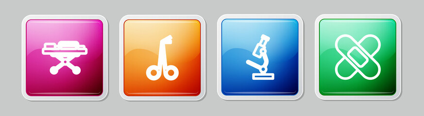 Sticker - Set line Stretcher, Medical scissors, Microscope and Crossed bandage plaster. Colorful square button. Vector