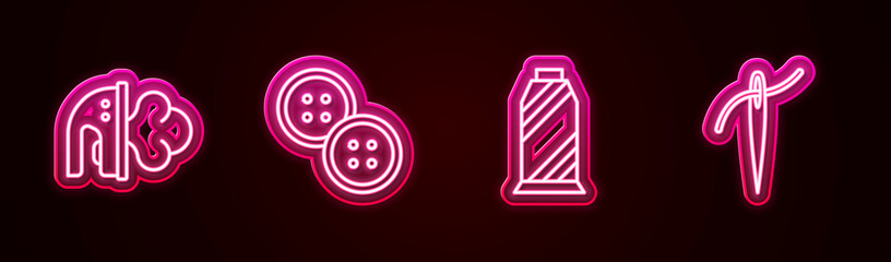 Poster - Set line Electric iron, Sewing button, thread spool and Needle with. Glowing neon icon. Vector