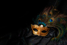 Luxury Venetian Mask On Dark Glitter Background. Carnival Masquerade Fantasy Mask