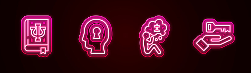 Sticker - Set line Psychology book, Psi, Solution to the problem, Man graves funeral sorrow and . Glowing neon icon. Vector