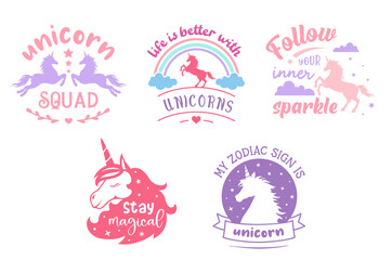 Wall Mural - Kids design with unicorns and quotes. Vector girly illustration. Set of fairy symbols. Unicorn emblem or badge designs.