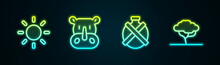 Set Line Sun, Rhinoceros, Canteen Water Bottle And African Tree. Glowing Neon Icon. Vector