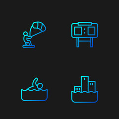 Sticker - Set line Winner podium, Swimmer, Kitesurfing and Sport mechanical scoreboard. Gradient color icons. Vector