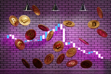 Fototapete - 3d illustration A lot of bitcoins Cryptocurrency Gold Bitcoin BTC Bit Coin with growth graph. Close-up of bitcoin coins, Blockchain technology, bitcoin mining concept.