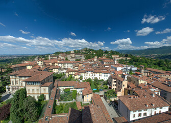 Poster - Panoramic aerial view of Bergamo Alta from city bell tower on a summer day, Italy