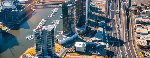 MELBOURNE, AUSTRALIA - SEPTEMBER 8, 2018: Aerial city skyline from helicopter. Downtown and Yarra river.