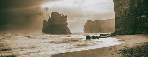 Poster - Aerial view of the Twelve Apostles limestone stacks, Australia.