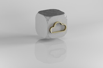 Aufkleber - Cloud icon. Yellow Golden Cloud symbol on stone cube and white background. 3d rendering illustration. Background pattern for design.