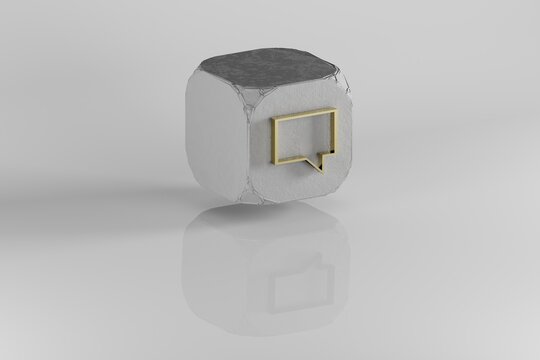 Comments icon. .Yellow Golden Comments symbol on stone cube and white background. 3d rendering illustration. Background pattern for design.