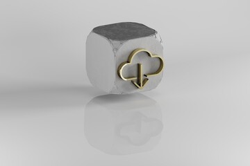 Poster - Cloud Down icon. Yellow Golden Cloud Down symbol on stone cube and white background. 3d rendering illustration. Background pattern for design.