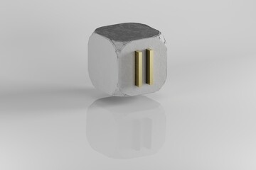 Poster - Pause icon. Yellow Golden Pause symbol on stone cube and white background. 3d rendering illustration. Background pattern for design.