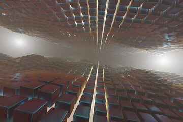 Aufkleber - Abstract geometric background sci-fi construction of metalic cubes or space station, blue yellow neon glowing light. 3d rendering illustration. Background pattern for design.