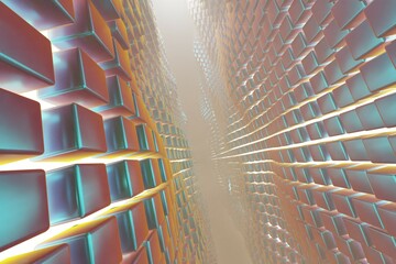Aufkleber - Abstract geometric background sci-fi construction of multicoloured  cubes or space station, blue yellow neon glowing light. 3d rendering illustration. Background pattern for design.
