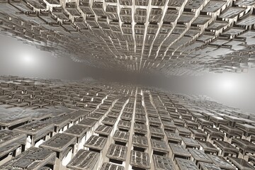 Aufkleber - Abstract geometric background sci-fi construction of silver cubes or space station, blue yellow neon glowing light. 3d rendering illustration. Background pattern for design.