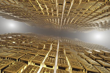 Aufkleber - Abstract geometric background sci-fi construction of golden cubes or space station, blue yellow neon glowing light. 3d rendering illustration. Background pattern for design.
