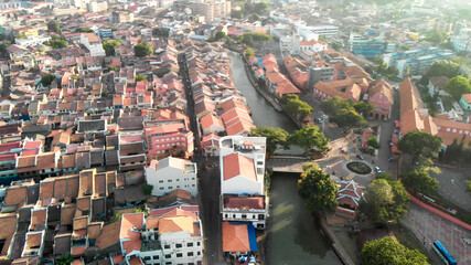 Canvas Print - Malacca, Malaysia. Aerial view of city homes and skyline from drone on a clear sunny day