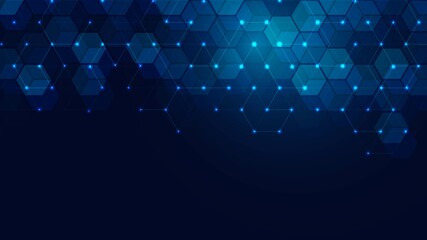Poster - Abstract background technology. design of a poster with honeycombs. Texture with lines, glowing dots, neon light and hexagonal pattern. Digital communication. Twinkling stars. Vector