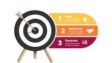 Success Infographic. Business Presentation Slide Template. Arrow Hit The Target. Goal Diagram. Chart With 3 Steps, Options, Processes. 