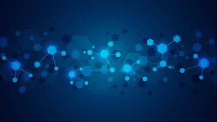 Poster - Abstract background technology. Design of hexagons, honeycombs connected by lines. Neon glow. Bright stars. Mobile network. Plexus of molecules. Banner social networks, websites, medicine. Vector
