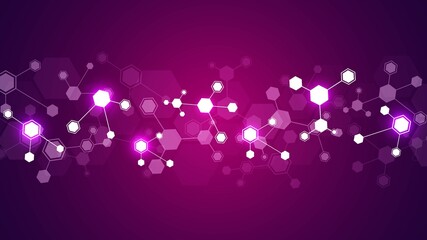 Poster - Abstract background technology. Design of hexagons, honeycombs connected by lines. Neon glow. Bright stars. Mobile network. Plexus of molecules. Banner social networks, websites, medicine. Vector