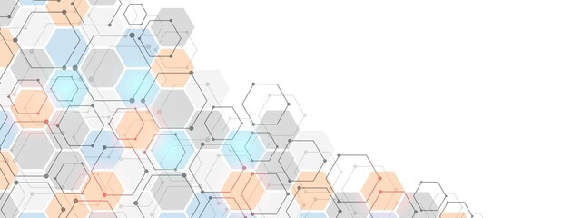 Poster - Vector background technology. Poster design with geometric shapes, honeycombs. Texture with lines, dots, neon light and hexagonal pattern. Digital communication. Social networks, websites.