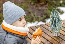 Hansome 4 Years Old Boy Is Eating A Croisant With Chochlate In Puplic Park, Sitting At The Wooden Table With Artificial Little Fir Tree On It. Kid In Grey Cap And Orange Furry Scard. Delicios Street 