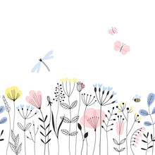 Doodle Summer Meadow Plants And Insects Vector Seamless Boarder Pattern. Line Art Style Blossom Background. Floral Field Surface Design For Nursery.