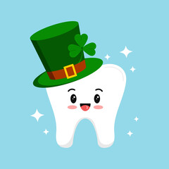 Wall Mural - St Patrick day tooth in green leprechaun hat with shamrock and sparkles. Cute dental happy tooth irish character with gnome cylinder hat with clover. Flat design cartoon dentist vector illustration.