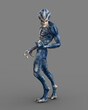 Blue grey humanoid alien creature looking back in aggressive pose. 3D illustration isolated on grey.