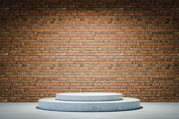 Poster - Cylindrical stage for product presentation with bricks wall. 3d render