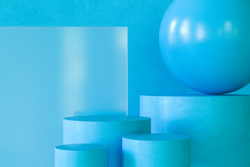 Poster - 3d illustration. Blue scene of three podiums for product presentation