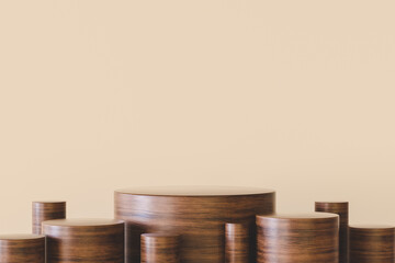 Poster - 3d illustration. Wooden cylindrical podiums on beige background