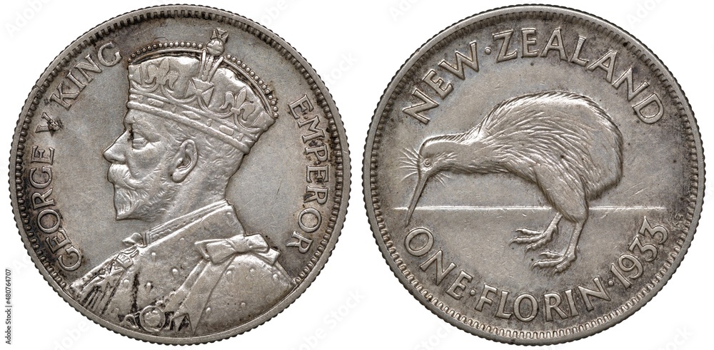 New Zealand silver coin 1 one florin 1933, bust of King