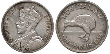 New Zealand Silver Coin 1 One Florin 1933, Bust Of King George V Left, Kiwi Bird, 