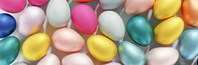 3d Render Of Pastel Colored Easter Eggs Pattern Flat Lay Background Banner