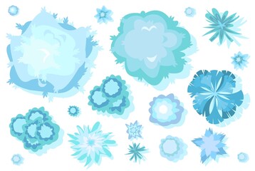 Wall Mural - set of different winter trees for landscape top view. snowy frosty nature in cold season. from high.