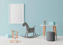 Empty Vertical Picture Frame On Blue Wall In Modern Child Room. Mock Up Interior In Scandinavian Style. Free, Copy Space For Your Picture. Rocking Horse, Table, Toys. Cozy Room For Kids. 3D Rendering.