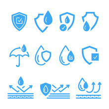 Waterproof Icons Such As Shield, Umbrella, Liquid Resistant Layers, Water Drops