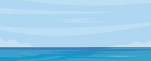 Blue Sea And Sky Background. Calm Sea Surface, Sky, Clouds. Vector Illustration.