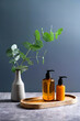 Amber glass dispenser bottles and vase with eucalyptus plant on dark blue background. Natural organic SPA cosmetics set. Containers with shampoo and shower gel.