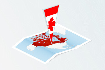 Wall Mural - Isometric paper map of Canada with triangular flag of Canada in isometric style. Map on topographic background.