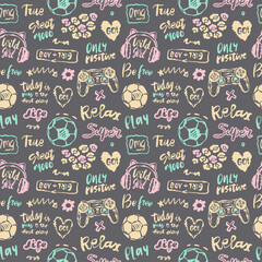 Colored girly seamless pattern on a gray background. Sports background with lettering, joystick headphones and soccer ball for textile.