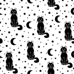 Sticker - Cats, stars, moons pattern seamless