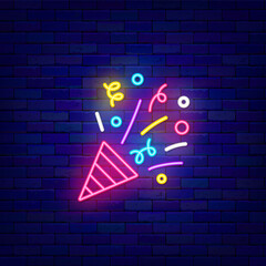Exploding popper neon icon. Happy Birthday concept. Flapper with confetti and streamers. Vector stock illustration