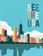 USA Travel Poster Design Template. Chicago Skyline On Lake Michigan. Gradient Free Vector Illustration.