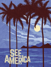 USA Travel Poster Template Of Tropical Paradise. Silhouette Of Palm Trees In The Moonlight. Gradient Free Vector Illustration.