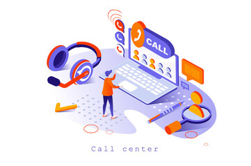 Poster - Call center concept in 3d isometric design. Operator responds to customer calls and messages, technical support and problem solving, web template with people scene. Vector illustration for webpage